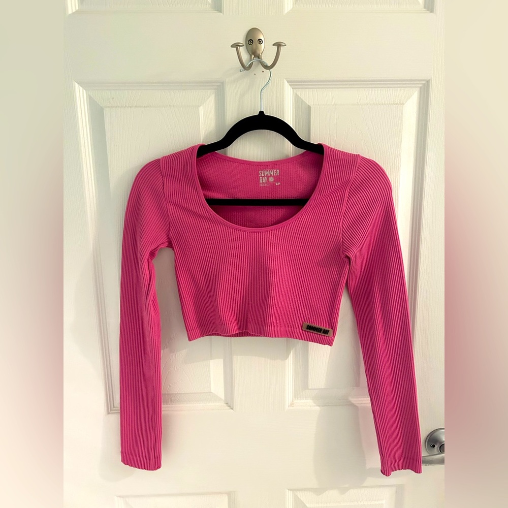 Pink Ribbed Cropped Long Sleeve
